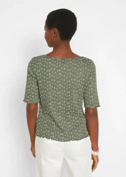 Camiseta de canalé con estampado de flores y manga corta