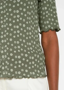 Camiseta de canalé con estampado de flores y manga corta