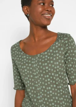 Camiseta de canalé con estampado de flores y manga corta