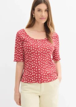 Camiseta de canalé con estampado de flores y manga corta