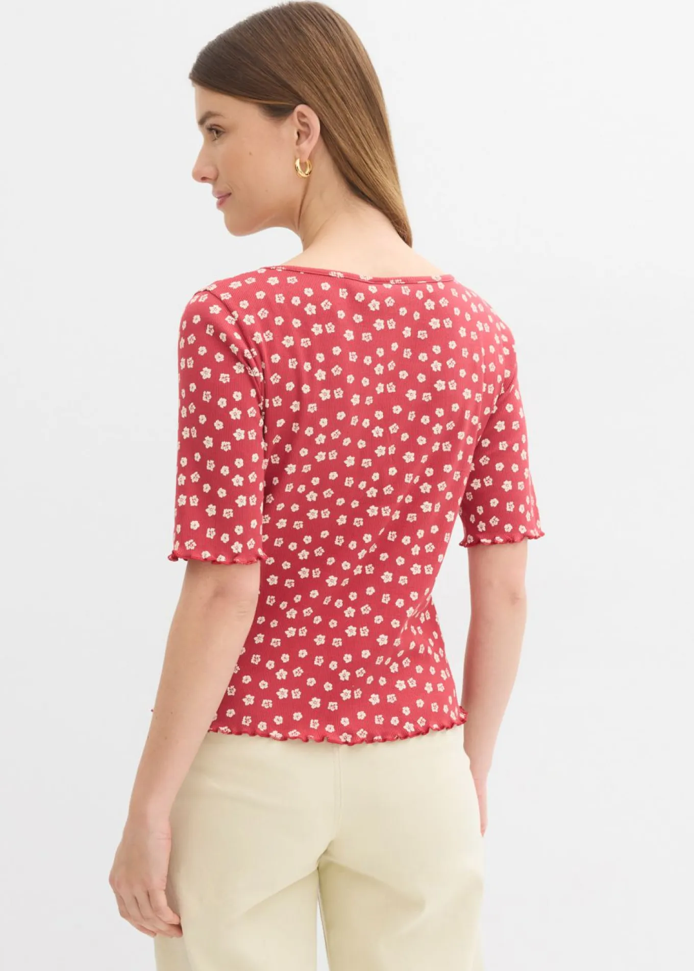 Camiseta de canalé con estampado de flores y manga corta