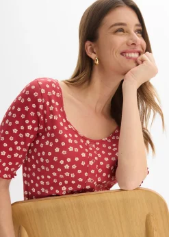 Camiseta de canalé con estampado de flores y manga corta