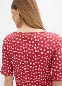 Camiseta de canalé con estampado de flores y manga corta