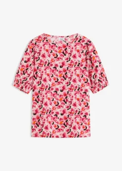 Camiseta de crepé borken con mangas abullonadas, media manga