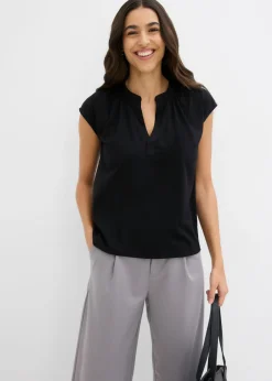 Camiseta de manga corta con escote henley de mezcla de viscosa