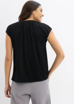 Camiseta de manga corta con escote henley de mezcla de viscosa