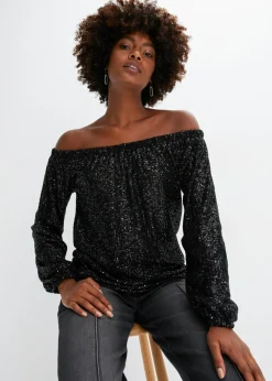 Camiseta holgada con escote bañera y lentejuelas