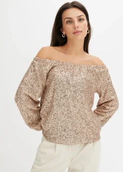 Camiseta holgada con escote bañera y lentejuelas