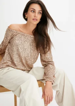 Camiseta holgada con escote bañera y lentejuelas