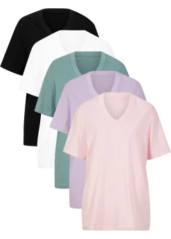 Camiseta larga ancha con cuello en V, manga corta (5 unidades)