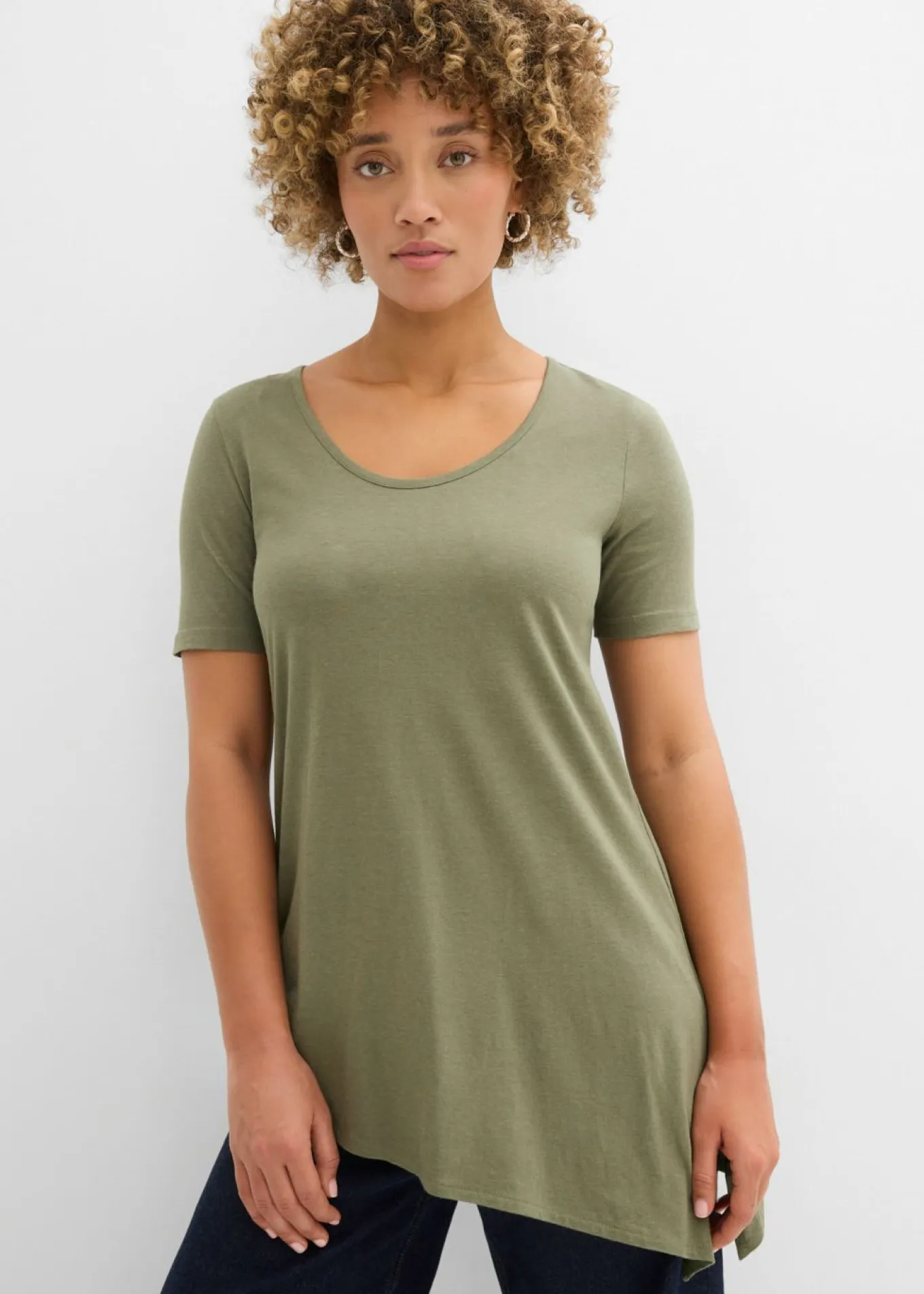 Camiseta larga asimétrica de mezcla de algodón y viscosa