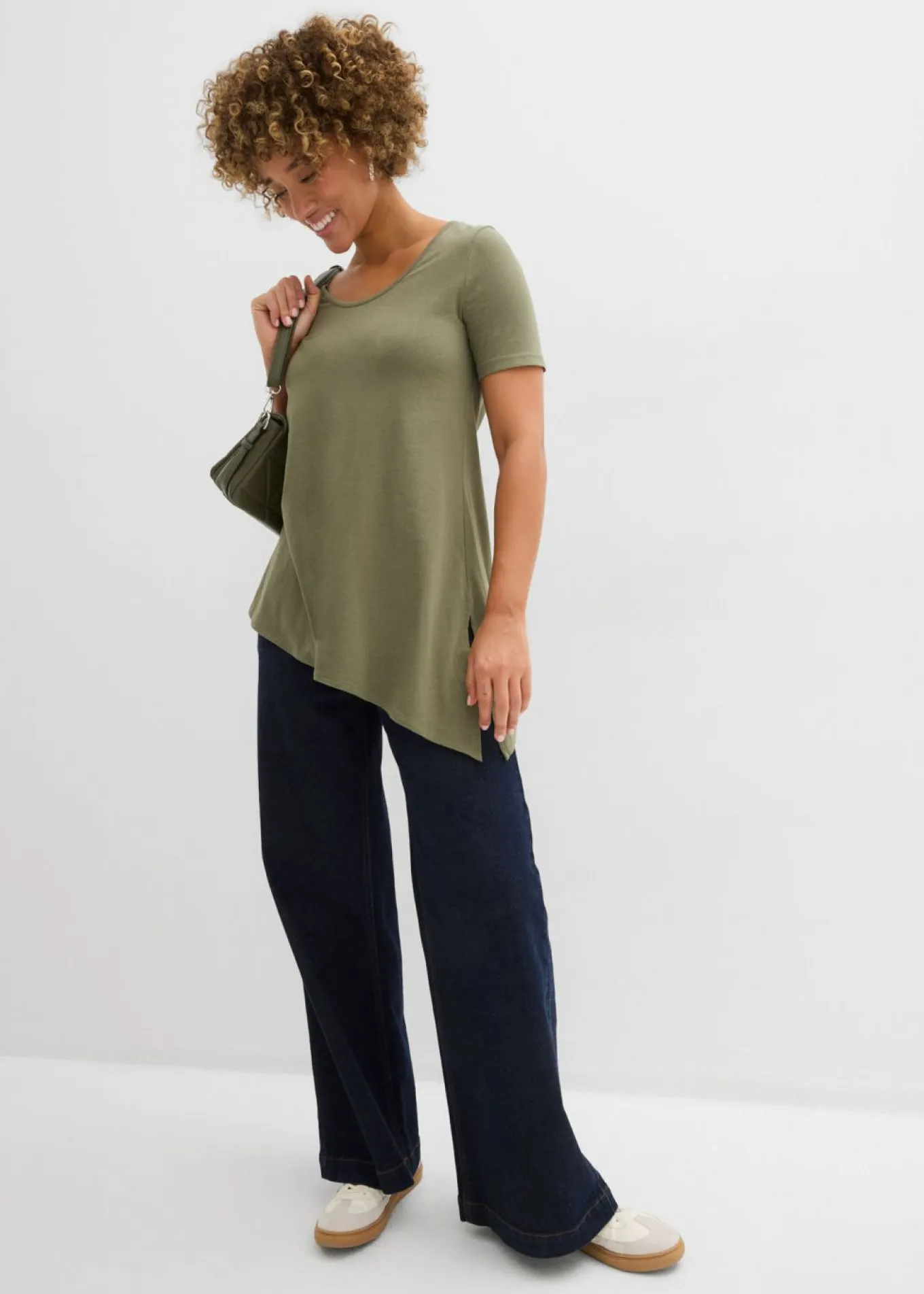 Camiseta larga asimétrica de mezcla de algodón y viscosa