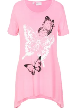 Camiseta larga con bajo irregular y estampado de mariposas
