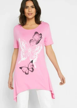 Camiseta larga con bajo irregular y estampado de mariposas