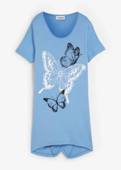 Camiseta larga con bajo irregular y estampado de mariposas
