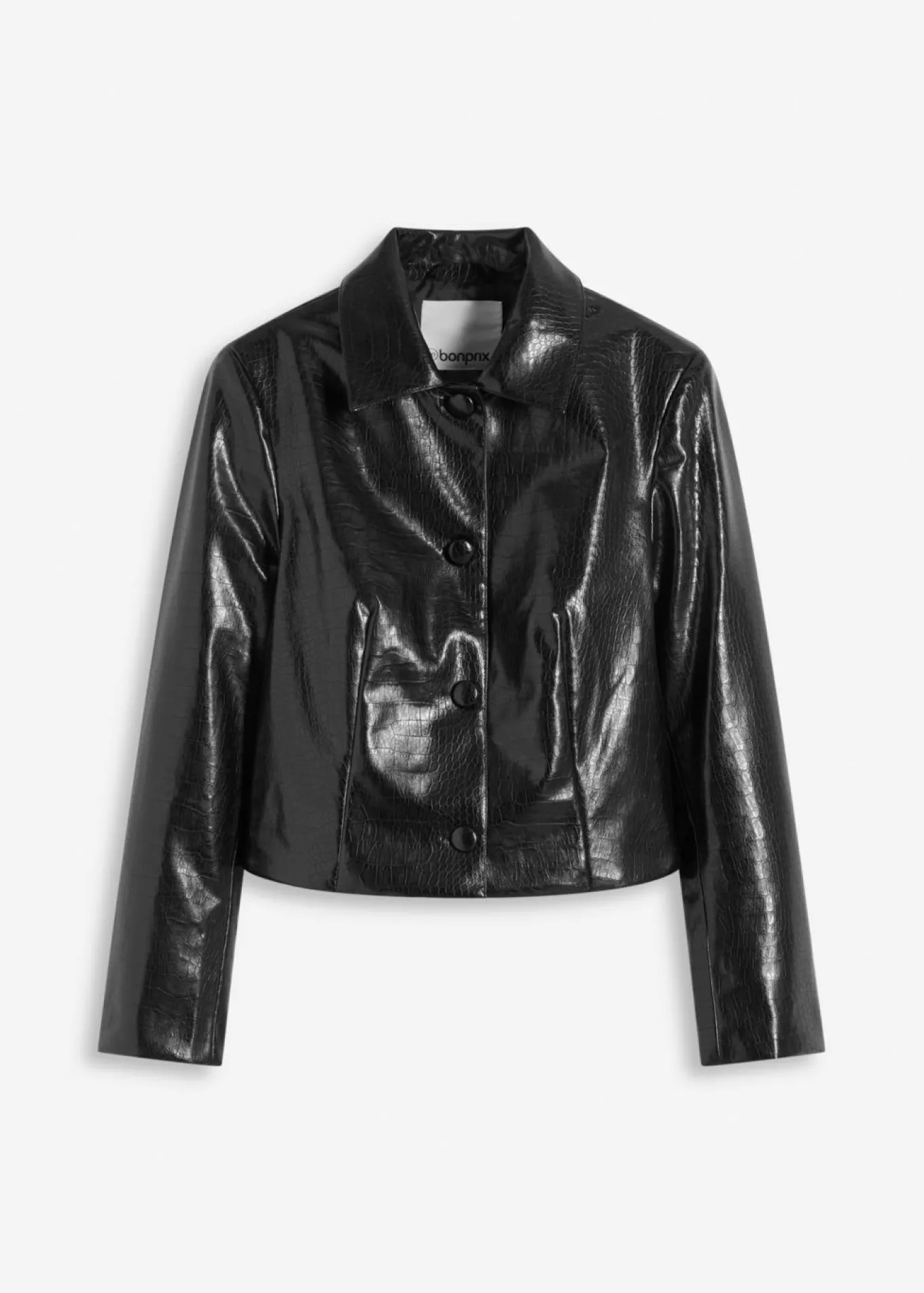 Chaqueta corta de piel sintética con acabado de cocodrilo brillante
