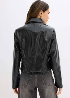 Chaqueta corta de piel sintética con acabado de cocodrilo brillante