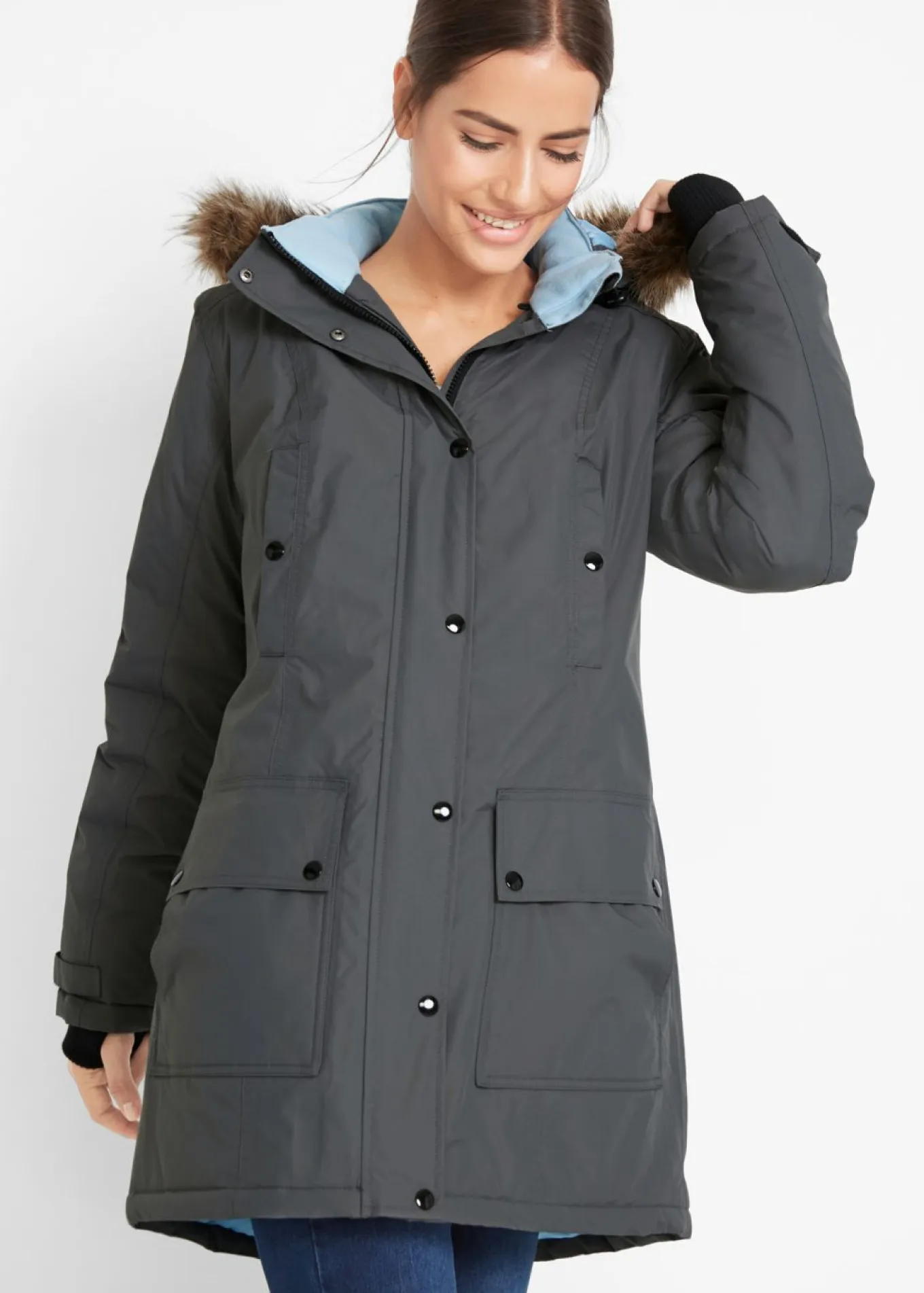 Chaqueta funcional de trekking con capucha, diseño largo y tejido impermeable