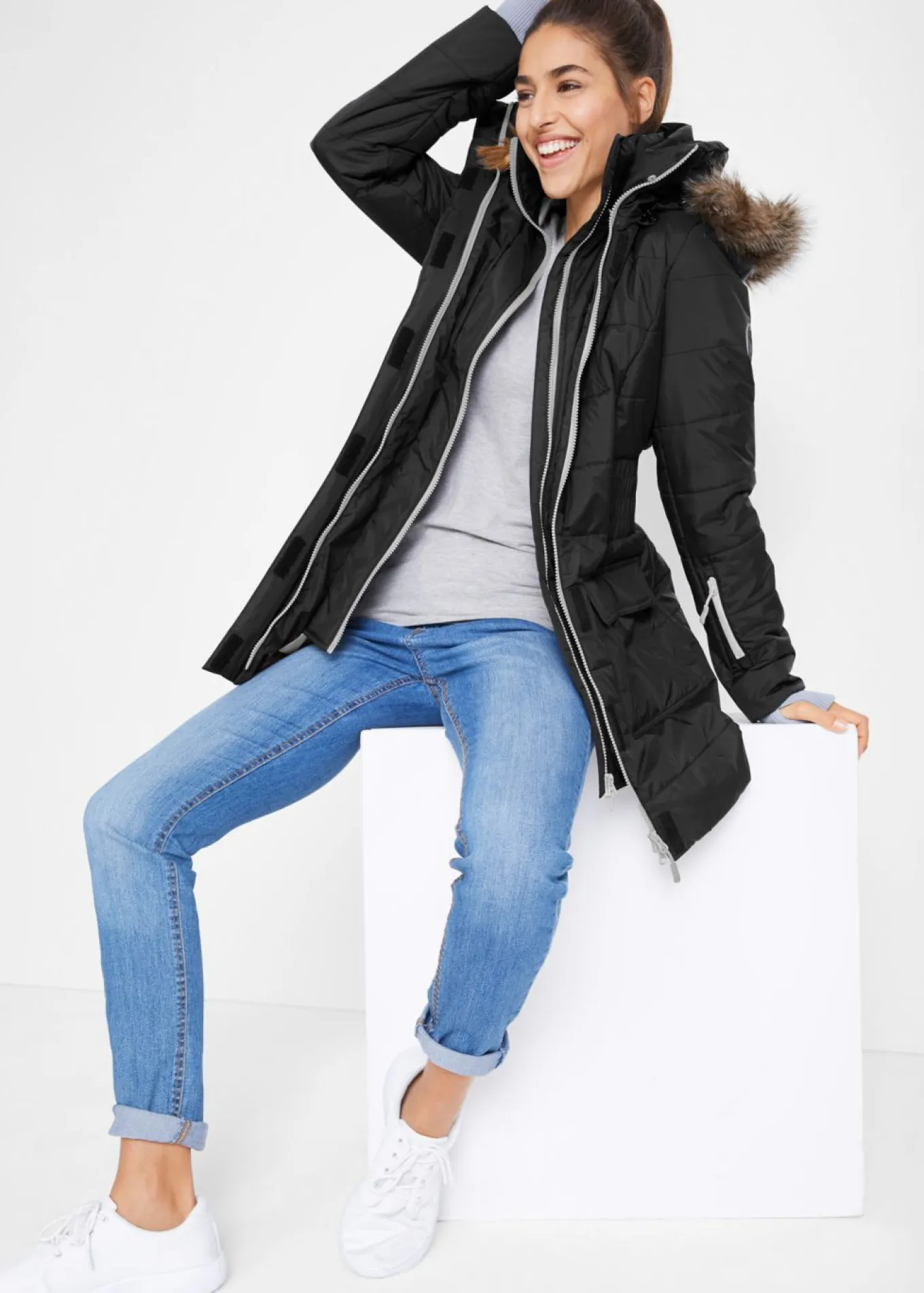 Chaqueta guateada larga funcional con aspecto 2 en 1, impermeable