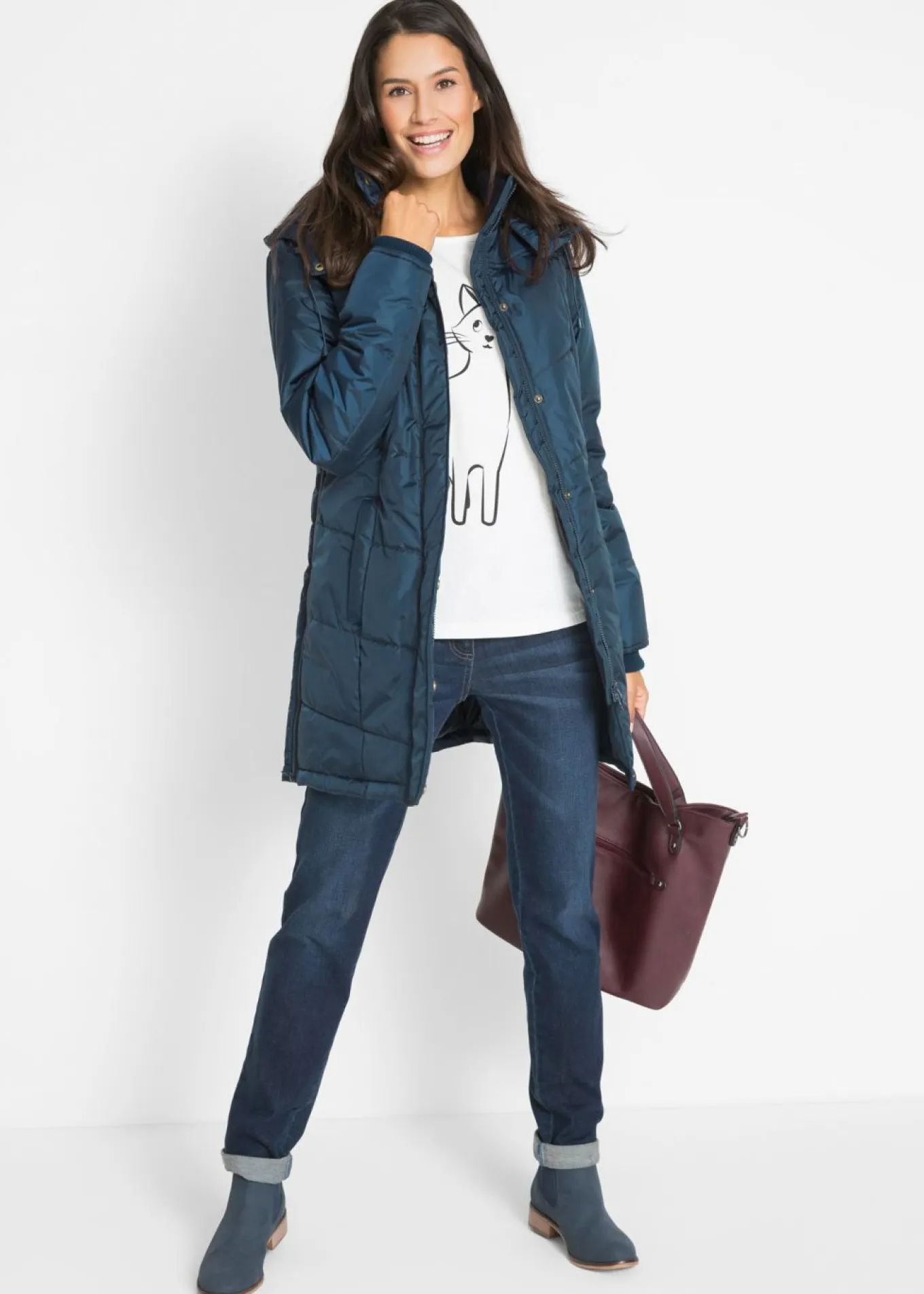 Chaqueta larga guateada con cuello y capucha