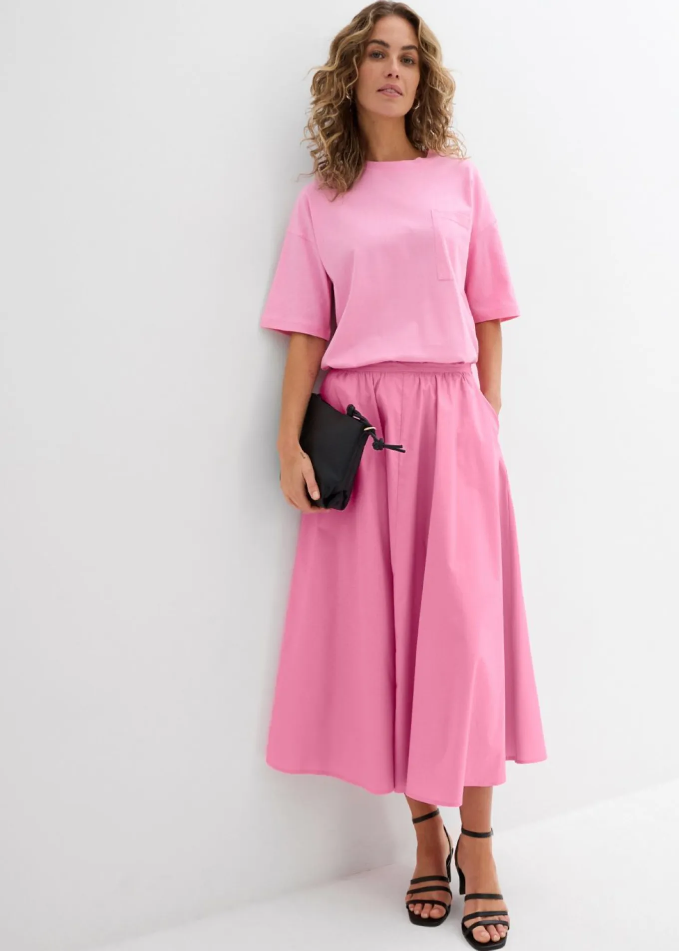 Falda midi de mezcla de algodón elástico