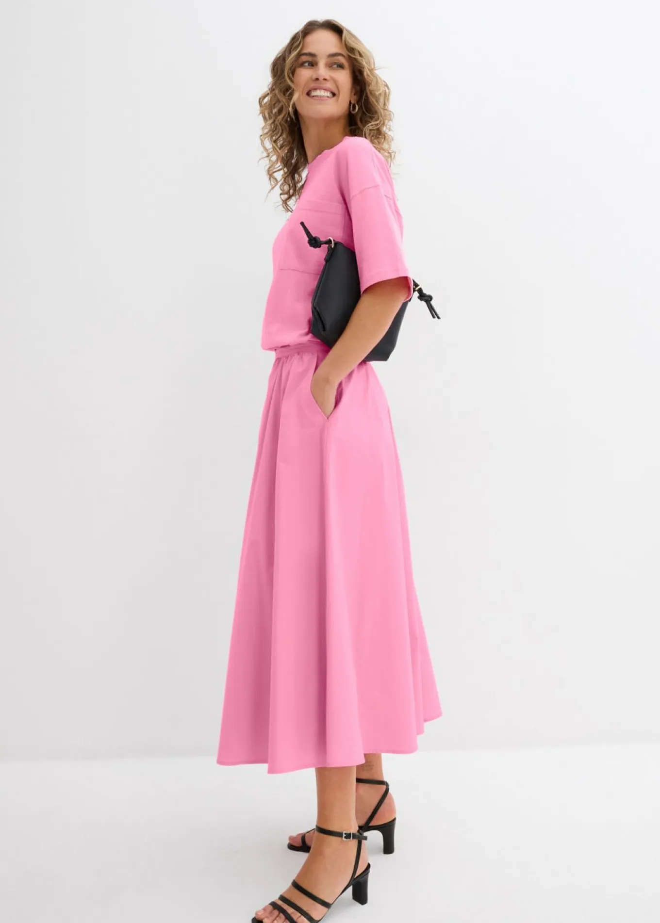 Falda midi de mezcla de algodón elástico