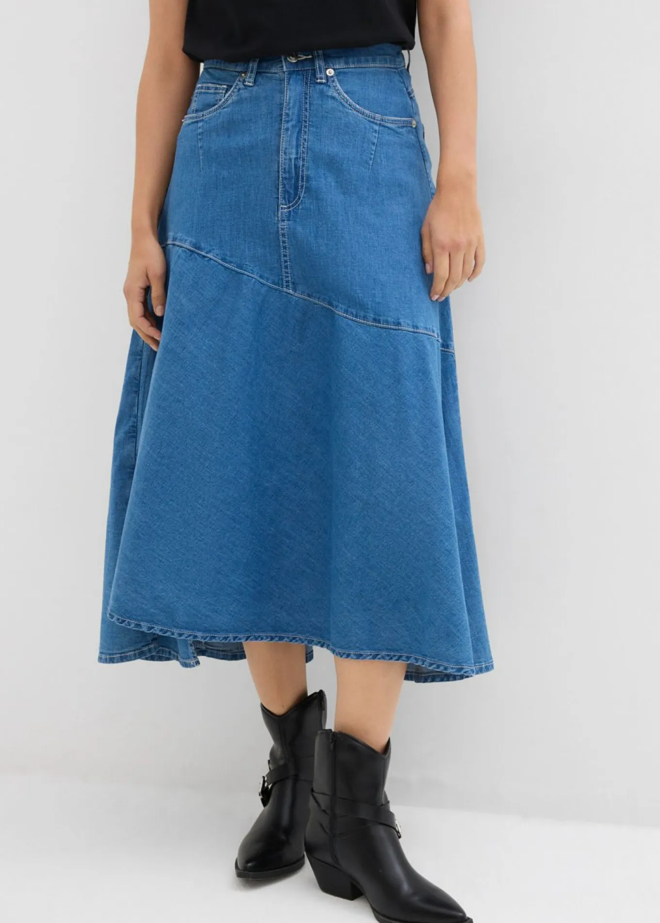 Falda vaquera de talle alto y largo midi