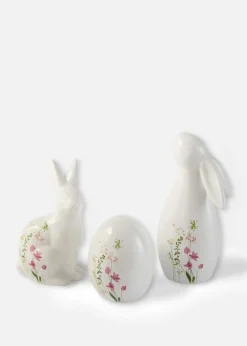 Figuras decorativas de conejitos y huevo con flores (3 piezas)