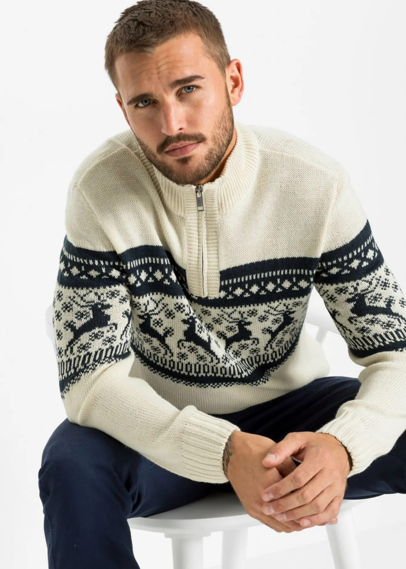 Jersey con cuello troyer y patrón nórdico