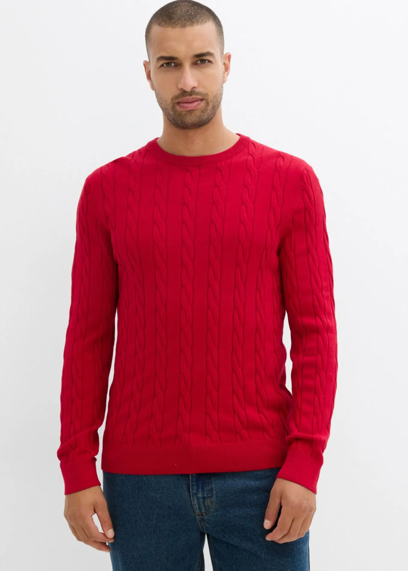 Jersey de punto fino con patrón trenzado de suave mezcla de algodón, slim fit