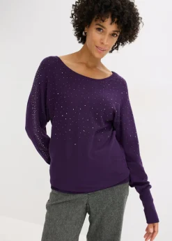 Jersey de punto fino con aplicación de piedras brillantes