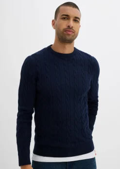 Jersey de punto fino con patrón trenzado de suave mezcla de algodón, slim fit