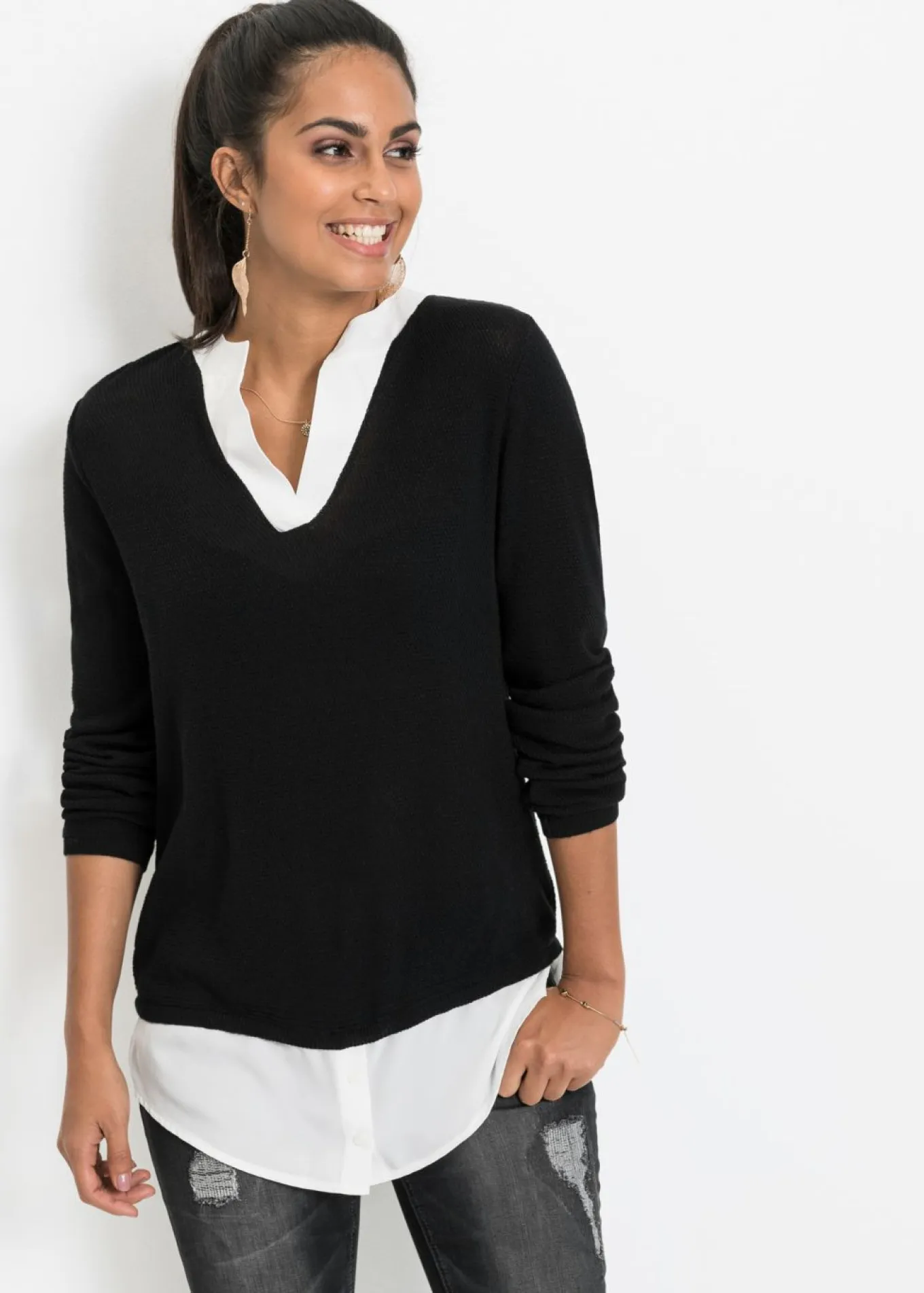 Jersey de punto fino con inserto de blusa