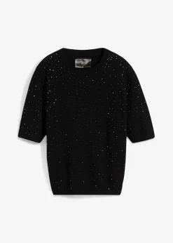 Jersey de punto fino de media manga con piedras brillantes