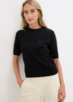 Jersey de punto fino de media manga con piedras brillantes