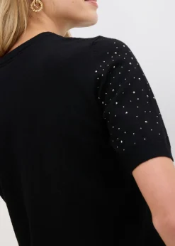 Jersey de punto fino de media manga con piedras brillantes