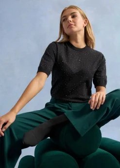 Jersey de punto fino de media manga con piedras brillantes