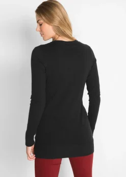 Jersey largo básico, de punto fino, con escote en V