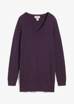 Jersey largo básico, de punto fino, con escote en V