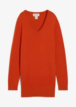 Jersey largo básico, de punto fino, con escote en V