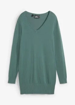 Jersey largo básico, de punto fino, con escote en V