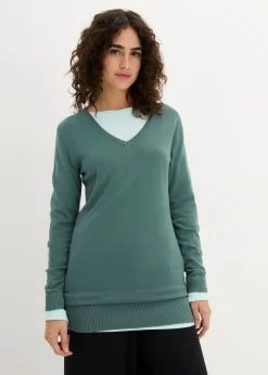 Jersey largo básico, de punto fino, con escote en V