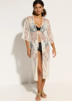 Kimono de playa transparente con encaje