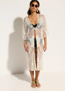 Kimono de playa transparente con encaje