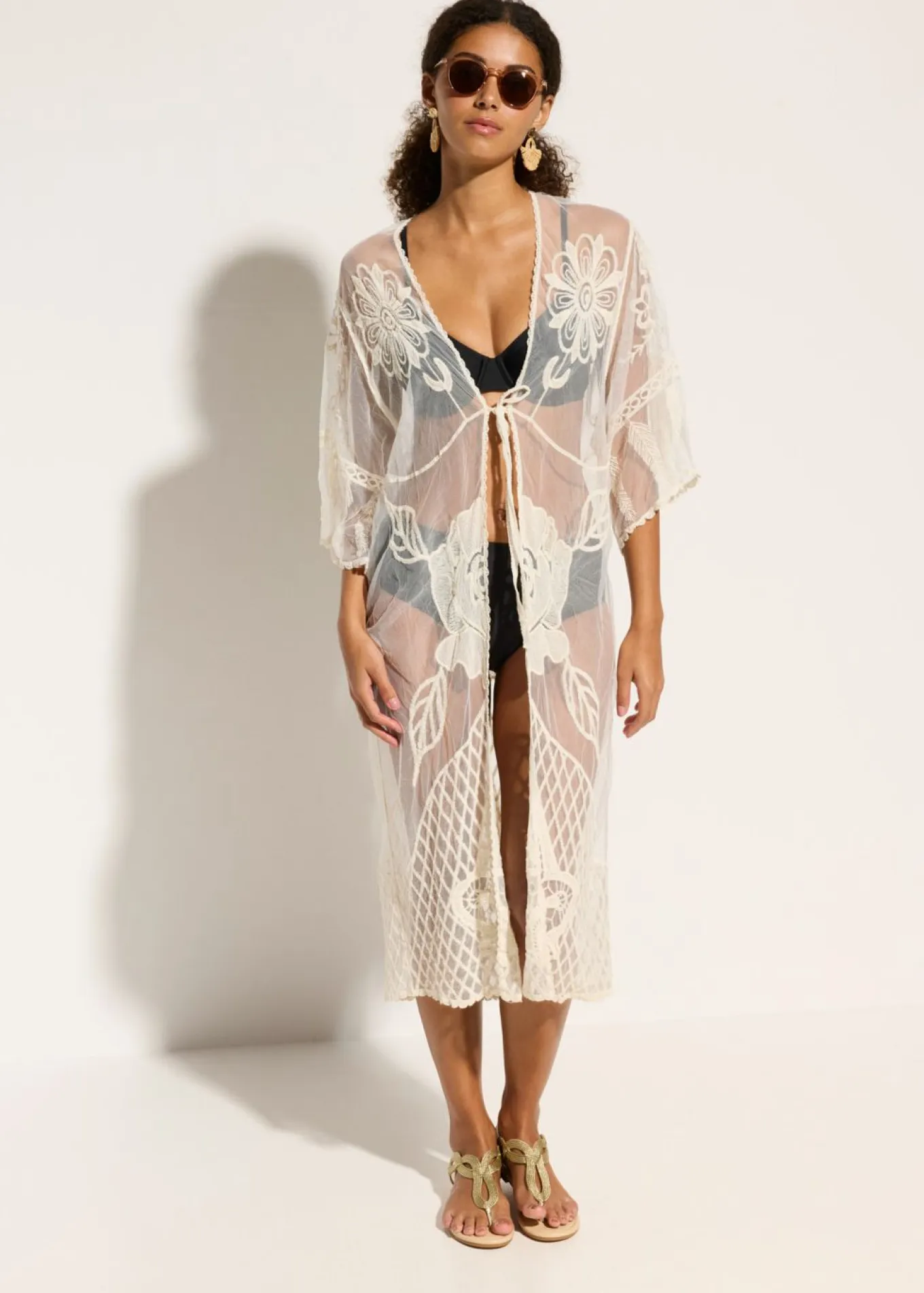 Kimono de playa transparente con encaje