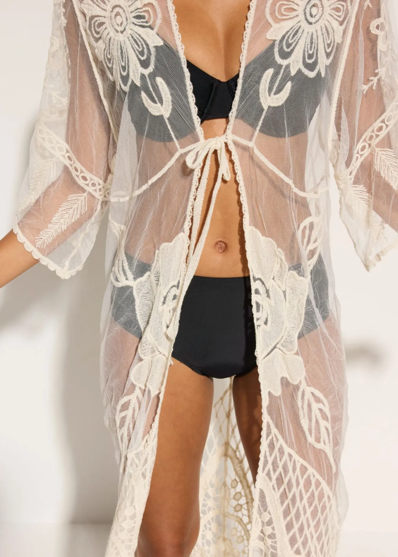 Kimono de playa transparente con encaje