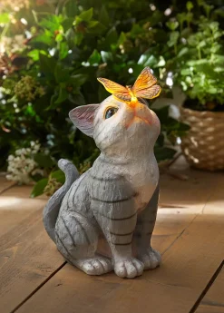 Lámpara solar decorativa de gato con mariposa