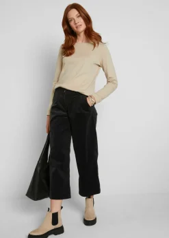 Pantalón ancho de pana elástica con cintura cómoda high waist, largo 7/8