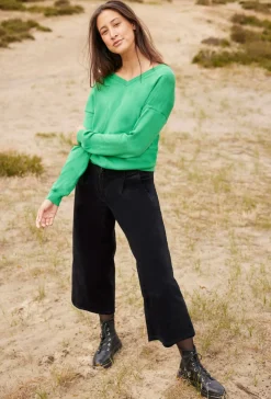 Pantalón ancho de pana elástica con cintura cómoda high waist, largo 7/8