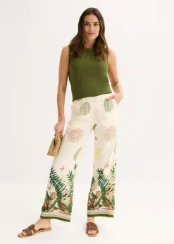 Pantalón ancho de viscosa con estampado en el borde